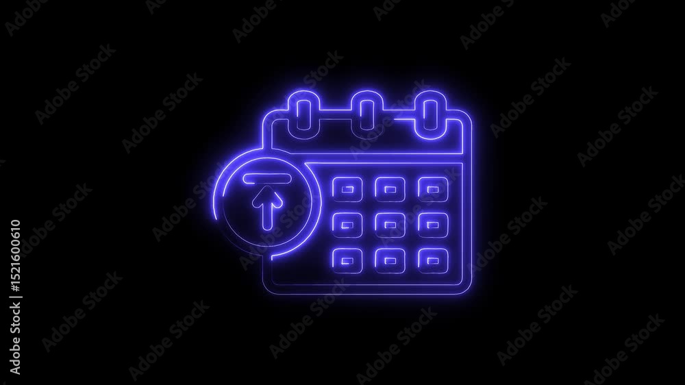 Aufkleber glowing neon calendar icon with upload symbol animation on a black background