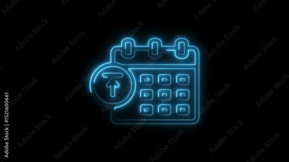 Poster glowing neon calendar icon with upload symbol animation on a dark background
