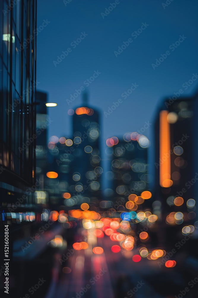 Poster blurred city lights creating bokeh effect at dusk