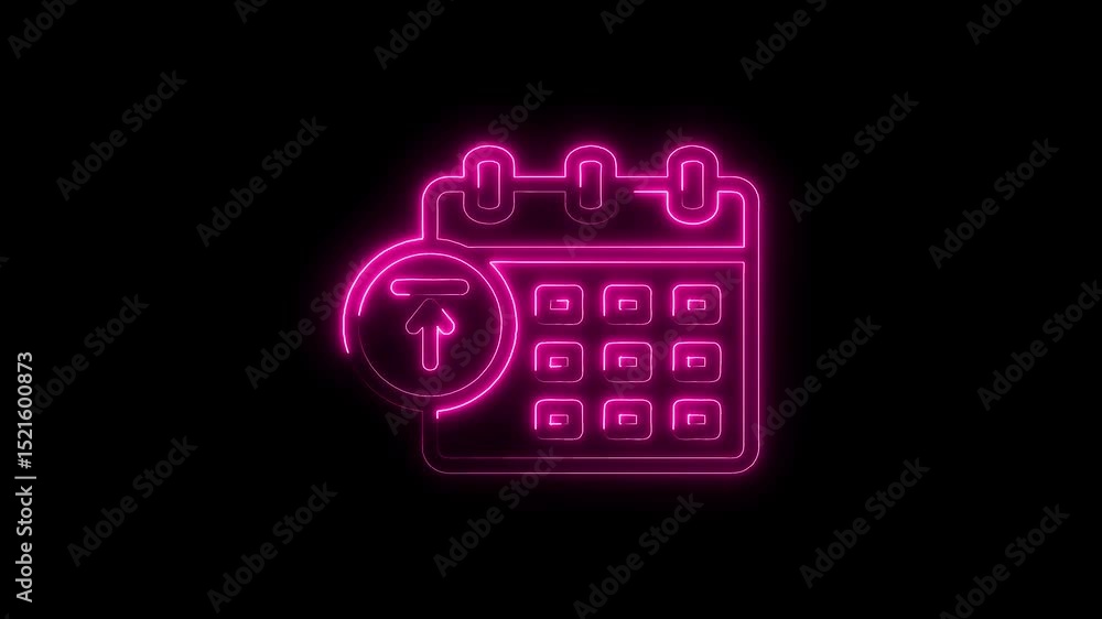 Poster glowing neon style upload schedule calendar icon animation on dark background