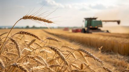Wheat field with a combine harvester working in the background on a sunny day