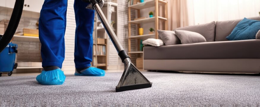 The professional cleaner operating a vacuum in a cozy living room setting.