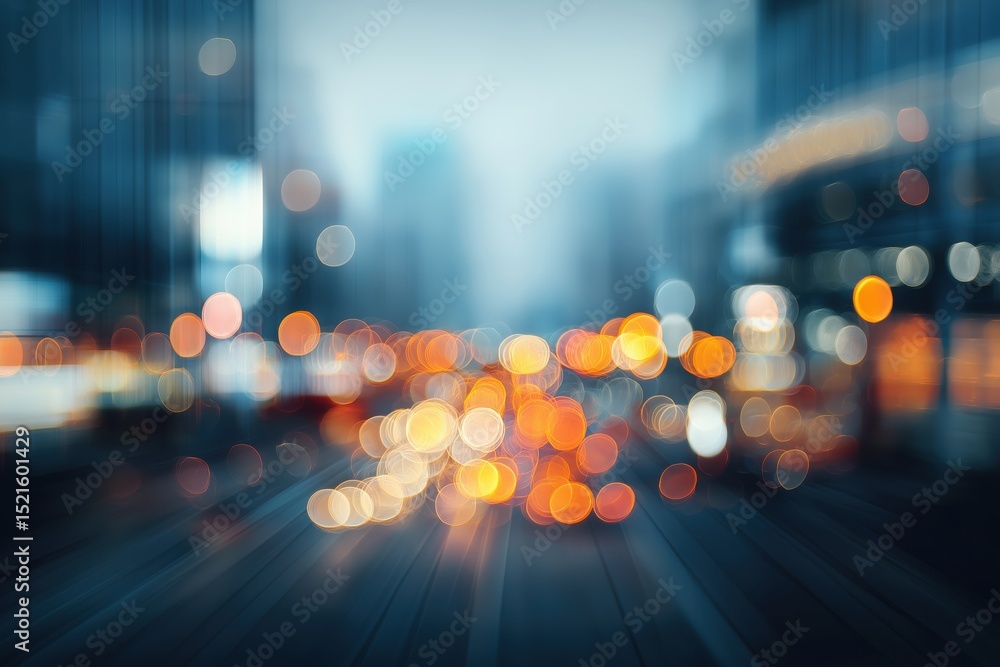 Poster blurred city lights creating bokeh effect at dusk