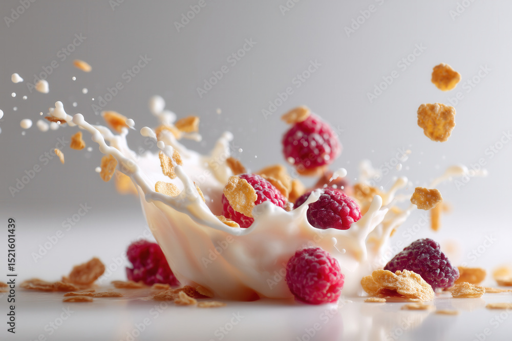 Poster milk splashes behind cereal flakes and raspberries in high-speed capture style. clean white backgrou