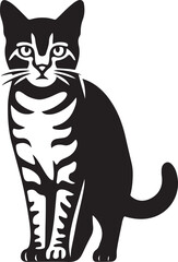 Sitting tabby cat black white illustration, Cute cat simple vector drawing