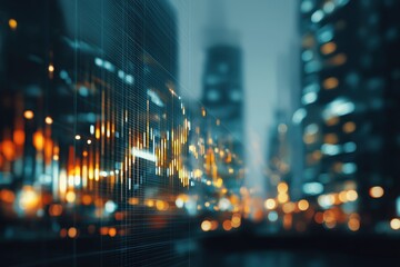 Financial data projected over blurred cityscape at night representing economic trends