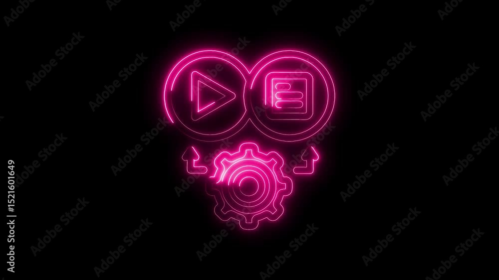 Poster pink neon play button list icon and gear animation for processing content