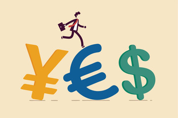 Foreign Exchange trading between currency around the word or investment fund flow concept, success businessman investor wearing suit walking on Japanese yen, Euro and US Dollar money currency symbol.