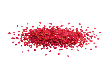 Vibrant cluster of red rose petals is scattered elegantly, creating romantic and luxurious atmosphere. petals are delicately arranged, evoking sense of beauty and elegance