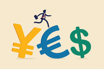 Foreign Exchange trading between currency around the word or investment fund flow concept, success businessman investor wearing suit walking on Japanese yen, Euro and US Dollar money currency symbol.