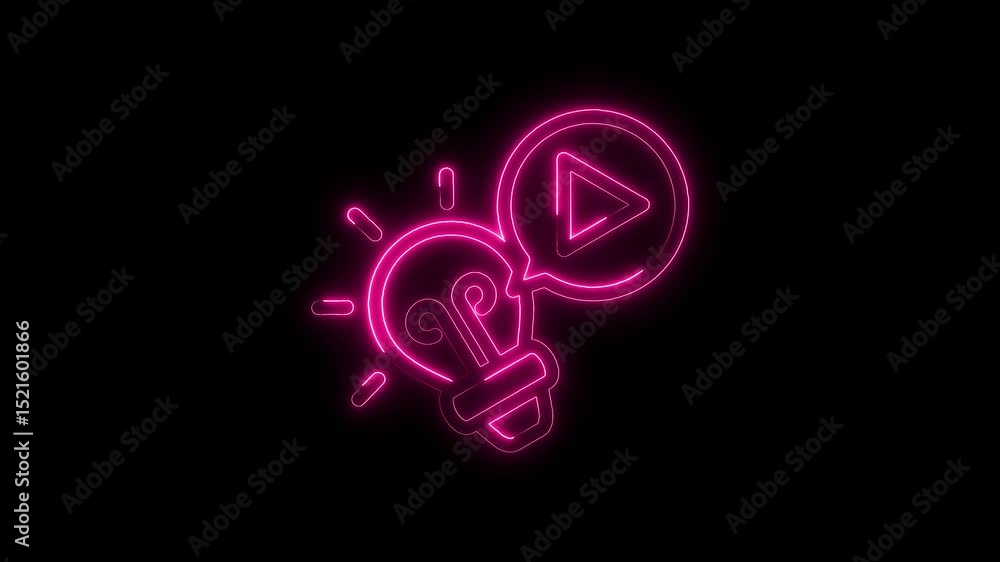 Poster Neon light bulb and play button animation loop represents creative content sharing