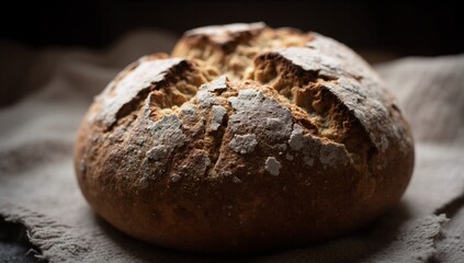 Rustic loaf of freshly baked bread on a textured surface