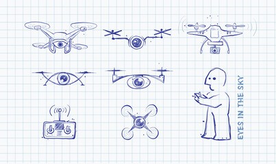 Childlike rough vector doodles of various drones: delivery, underwater, quadcopter, helicopter, airplane, and spy types.