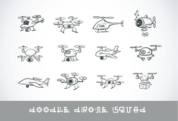 Childlike rough vector doodles of various drones on white background. Delivery, underwater, quadcopter, helicopter, airplane, and spy types.