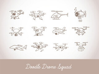 Childlike rough vector doodles of various drones in vintage style. Delivery, underwater, quadcopter, helicopter, airplane, and spy drones