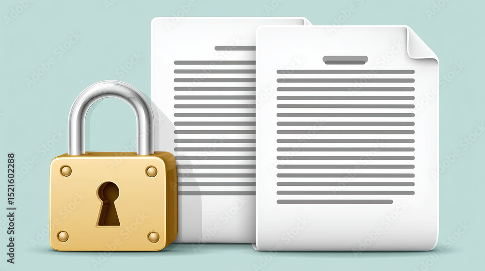 Aufkleber security lock icon protecting scanned document with text lines on light background