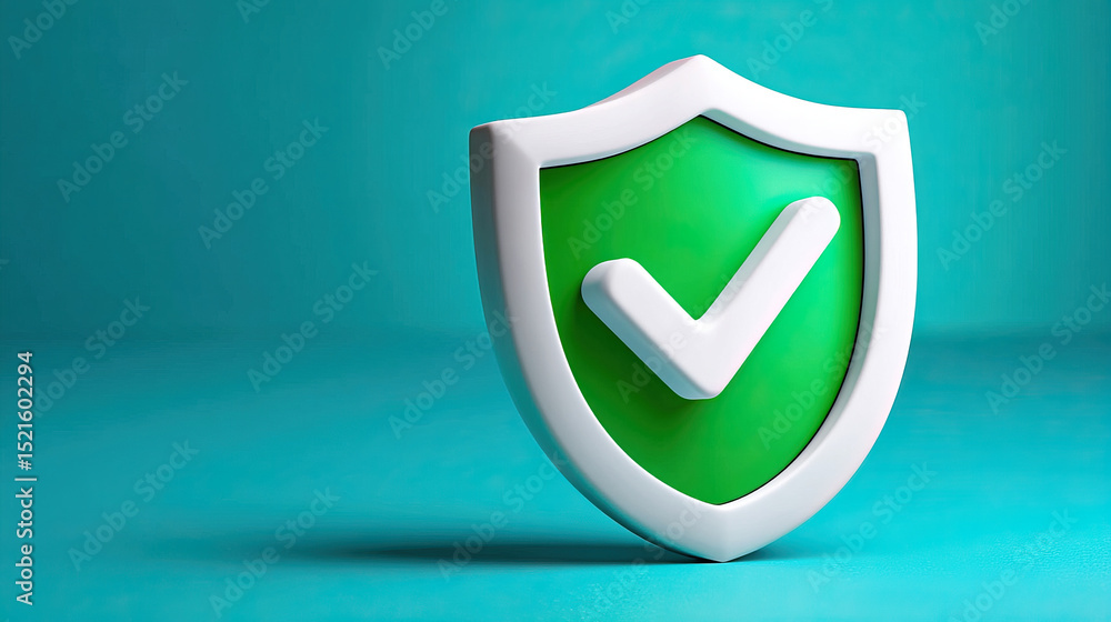 Poster shield icon with checkmark symbol on green background representing security and protection concept