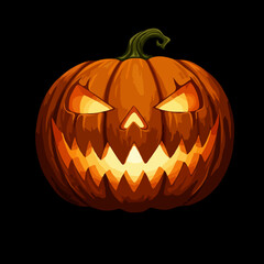 Naklejka premium Spooky carved jack-o'-lantern with a scary glowing face for Halloween celebration on a black background