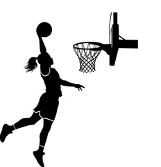 basketball player silhouette, vector silhouette of a female basketball player slam dunk, scoring the ball to the net, transparent background