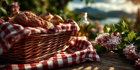 Rustic Picnic Basket Feast: Bread, Checks, and Lakeside Hues