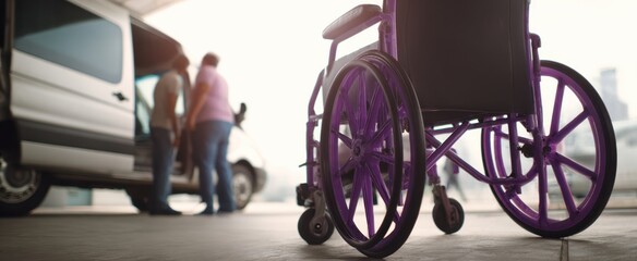 The vibrant wheelchair waiting for a ride and moments of connection nearby.