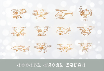 Childlike rough vector doodles of various drones. Delivery, underwater, quadcopter, helicopter, airplane, and spy drones on white shimmering background