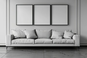 Modern Sofa in Minimalist Living Room with Blank Frames on Wall Creating Clean and Elegant Space