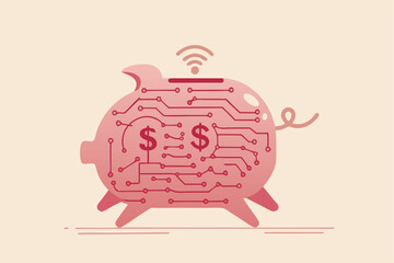 Digital banking, using technology and internet for e-commerce shopping, transfer money or digital currency exchange concept, pink piggy bank with electronics sign of circuit board with wifi signal.