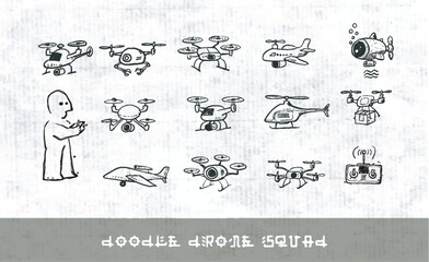 Childlike rough vector doodles of various drones. Delivery, underwater, quadcopter, helicopter, airplane, and spy drones on old paper background