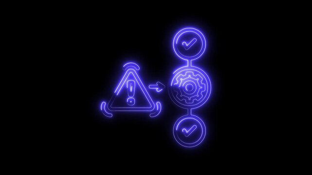 Neon style error correction and problem solving flowchart on black background animation video