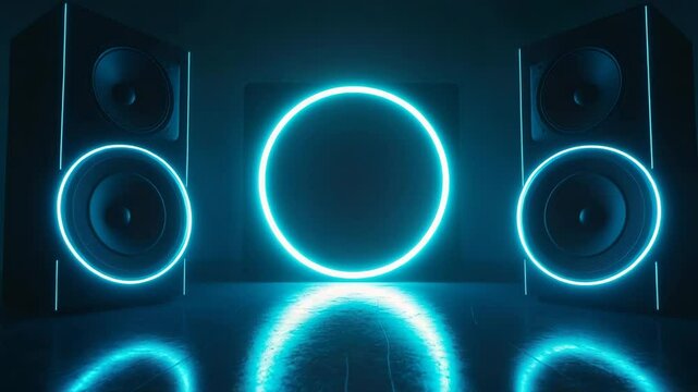 Futuristic audio speakers with glowing neon circle in dark room  