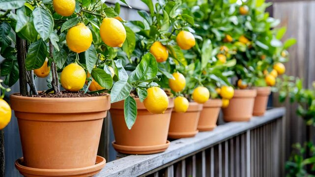 Vibrant row of lemon trees in terracotta pots lining a wooden fence in suburban garden