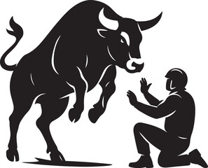 Man facing powerful bull silhouette design, Confrontation animal strength vector art