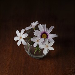 Fototapeta premium A glass vase filled with white flowers on top of a wooden table.