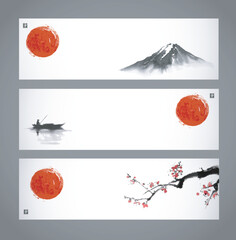 Minimalist vector banners with red sun over a mountain, a boat on water, and a blossoming branch in sumi-e style. Hieroglyph -  happiness