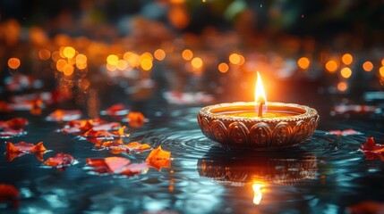 Golden candle floats on water,  surrounded by petals