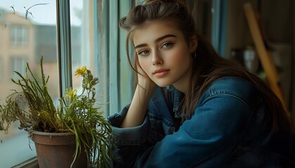 Young woman by a window, thoughtful expression.