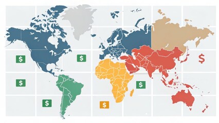 Obraz premium Illustration of a global map divided by region and color, with dollar icons representing economic focus, markets, and financial distribution.
