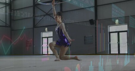 Teenage gymnast initiating hoop routine in gym, animating bar or line graphs showing health data - Powered by Adobe