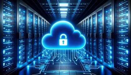 A secure cloud computing concept involving data servers and digital connections.
