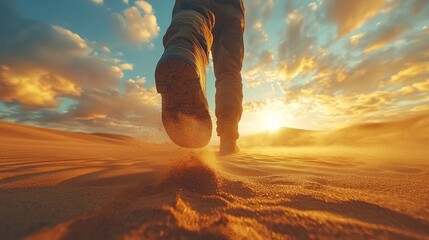 Person walking in desert at sunset