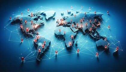 Global network connectivity is illustrated by pinpoint markers on a world map.
