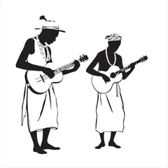 Classic black and white vector illustration, hand-drawn style. Silhouettes of African tribal musicians playing traditional instruments.  Rough, textured pencil strokes, elegant and timeless feel