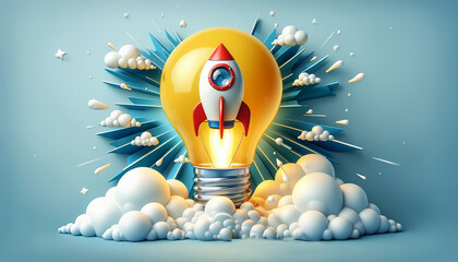 A creative concept of innovation and imagination, featuring a rocket launching from a light bulb surrounded by clouds and stars.
