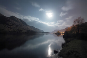 Naklejka premium Full moon illuminating clouds and mountains reflecting on calm lake at night