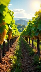 Rows of lush, sun-drenched grapevines heavy with ripening fruit, ready for harvest in a picturesque vineyard Golden sunlight illuminates the vibrant foliage , natural, vineyard landscape