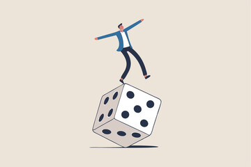 Investment risk, stock trader, gambling, uncertainty, possibility of losing money or make a profit from investment concept, greedy investor man dare trying to balance himself on spinning unstable dice