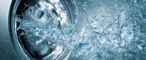 The dynamic splash of water from a washing machine drum in motion.