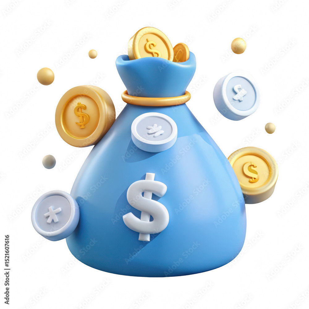 Poster 3d render of a money bag with coins isolated on transparent background