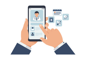  Flat vector of a hand holding smartphone with a medical consultation app
